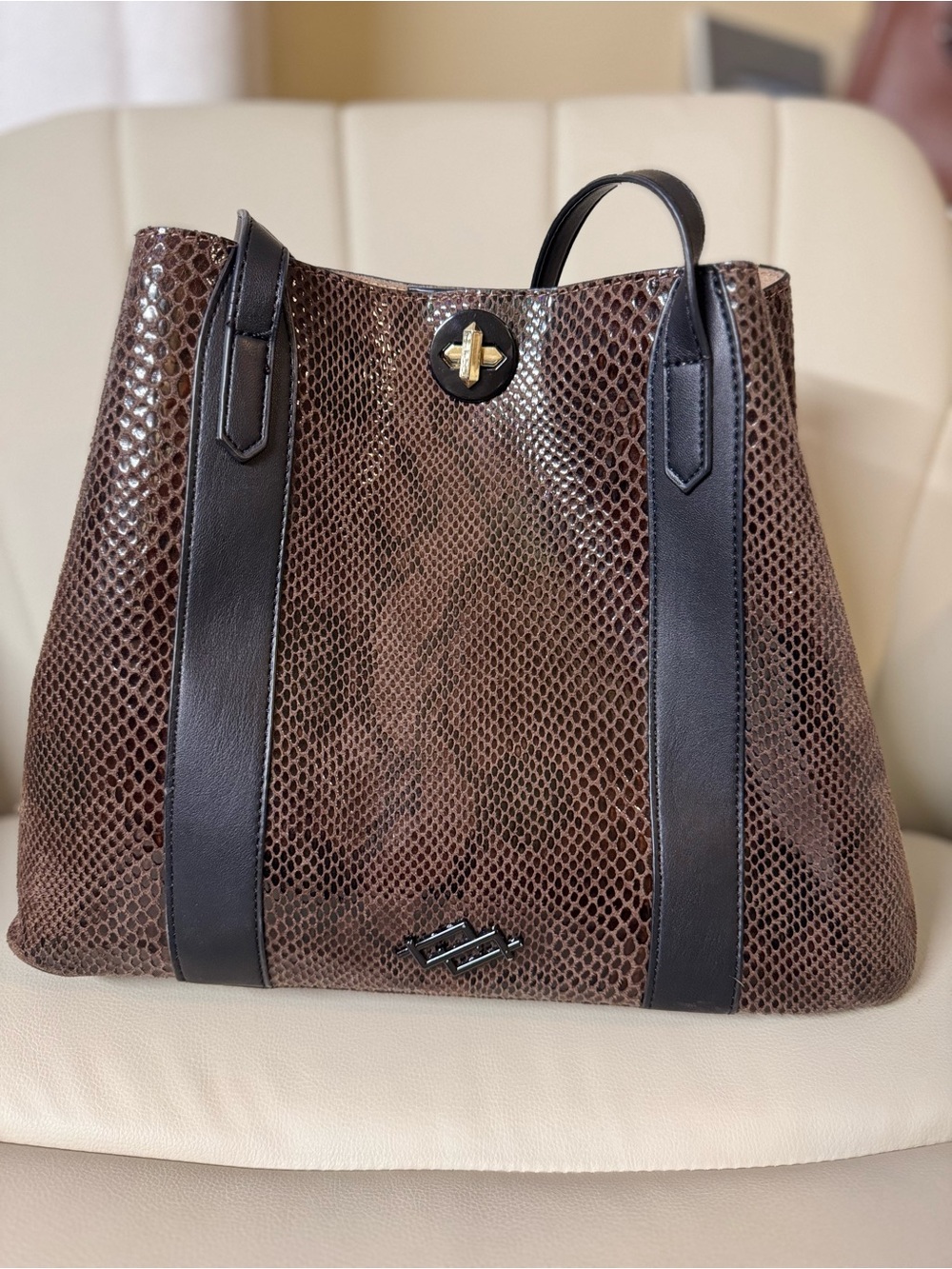 Sole Society Brown Snake-Embossed Vegan Leather Tote Bag